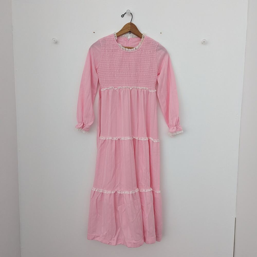 Vintage Dress Girls Size 8-9 Pink Maxi Smocked Long Sleeve Boho Hippie